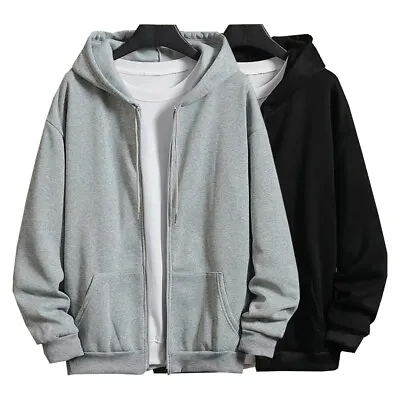 Mens Zip Up Hoodie Jacket Zipper Plain Loose Hooded Coat Sweatshirt Plus Size * • $17.94