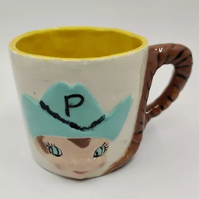 Vintage Child’s Mug Cowboy Face “P” Rope Handle Craft /Decor Only Imperfections • $9.77