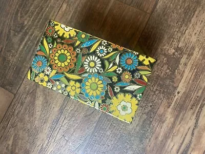 Vintage Mid Century J CHEIN & CO Gold Multi Floral Recipe Storage Tin Box • $18