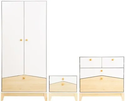 Cody Trio Bedroom Set In White And Pine Effect Finish Wardrobe Chest Bedside • £339.99