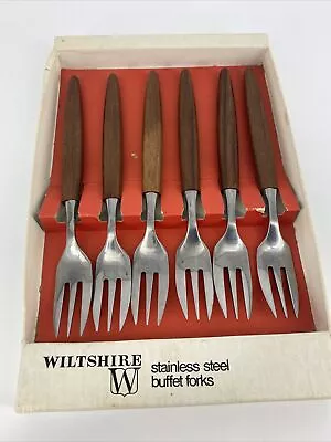 Vintage Retro Boxed Set X 6 Wilshire Stainless Steel Buffet Splayd Forks Wood • $45.99