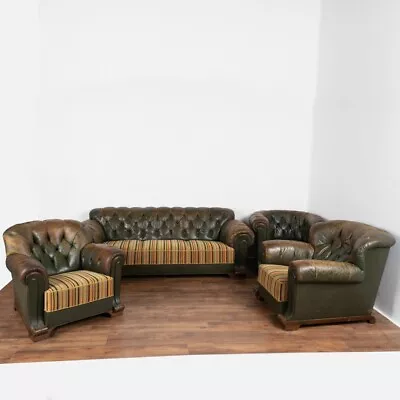 Vintage Green Leather Set Of Chesterfield Sofa And Three Club Chairs Denmark Ci • $8650