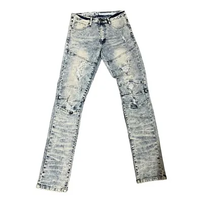 Reason Skinny Stretch Paneled Jeans Mens Size 30 Blue Denim Distressed Acid Wash • $20.99