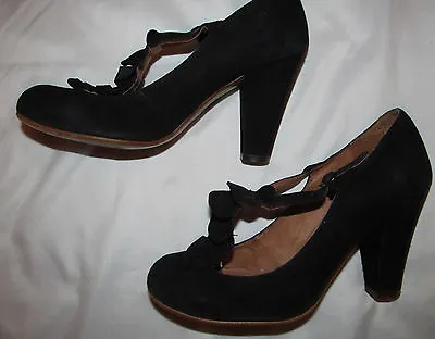 TOPSHOP Black Suede Leather T Ruffled Strap Kawaii Shoes 38 US 7.5 M  • £45.32