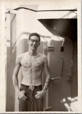 Hot Sexy Navy Sailor Onboard LST-914 Tattoos Korean War Vintage Gay Int Photo • $225