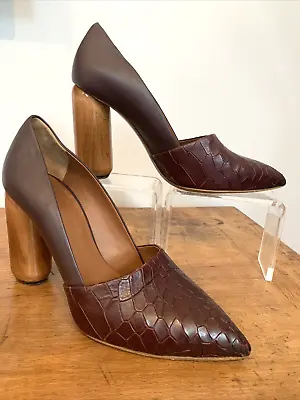 MULBERRY Burgundy Smooth & Congo Croc Leather Shoes / Glossy Wooden Heels UK5/38 • £65