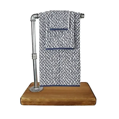 Towel Rail Hanger Industrial Metal Silver Steel Solid Wood Base Free Standing • £37.15