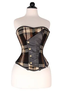 Brown Tartan Brown Real Leather Over Bust Corset Steel Bones Lace Up 2XS~7XL • £63