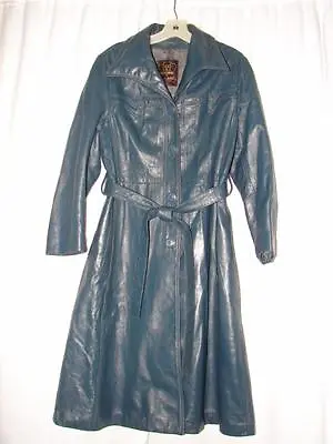 Vintage Dan Di Modes Blue Long Leather Coat Size 12 P  1960's Spy Trench Coat • $202.50