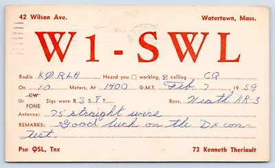 QSL CB Ham Radio Card W1SWL Watertown MA Vintage Middlesex County 1959 Card • $5