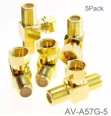 5-Pack F-Type Connector 2-Way Male To 2-Female Gold-Plated T-Splitter AV-A57G-5 • $12.98