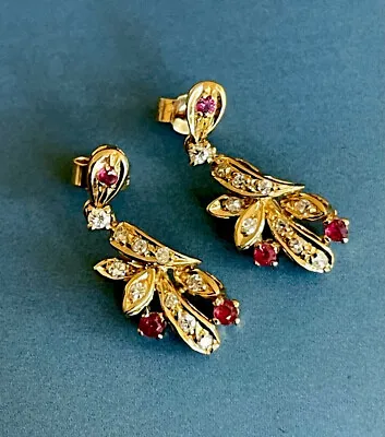 Ruby Diamond Earrings In 18ct Yellow Gold Dangle Drop Studs Intricate Vintage • £789