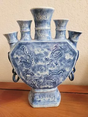 Vintage Chinese Delft Blue 5 Flute Finger Dragon Tulipier Tulip Vase 14  Tall • $89.99