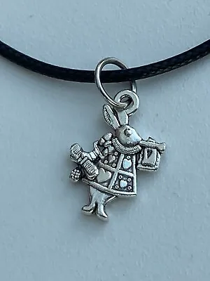 £3.99 • Buy Alice In Wonderland Silver Necklace Rabbit With Trumpet Pendant Black Cord 🎺❤️