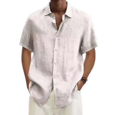 Mens Short Sleeve Linen Shirt Casual Baggy Button-up Solid Formal Tops T Shirt • $18.59