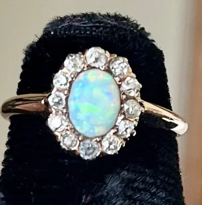 Antique Victorian Natural OPAL Old Mine Cut Diamond 14k Gold Halo Ring • $525