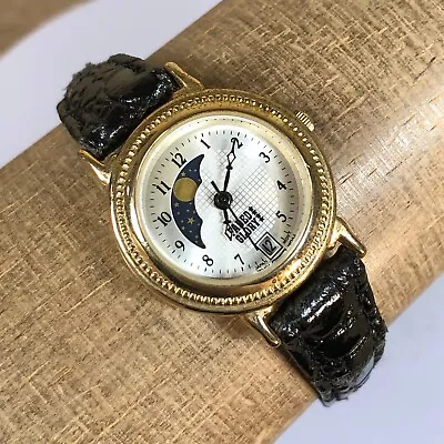 Vintage Faded Glory Moon Phase Round Gold Tone Case Black Band Watch • $14.95