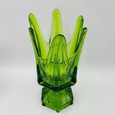 Stunning MCM Viking Art Glass 6 Finger Swung Vase Open Compote Green • $60