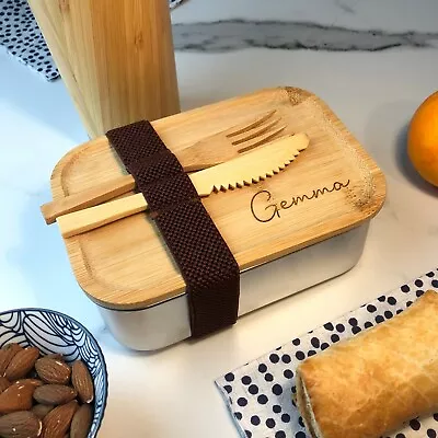 £15.99 • Buy Personalised Wooden Wood &Tin Metal Lunch Box With Utensils Eco Friendly 