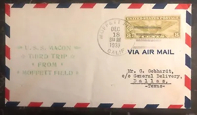 1933 USS Macon Airship Zeppelin Cover 3rd Trip Moffett Field To Dallas TX USA • $29.74