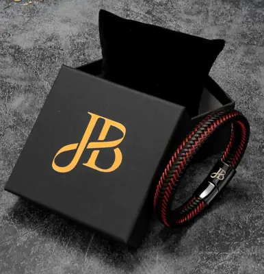 Men's Black Red Braided Leather Bracelet Leather Punk Jewelry Wristband • £28.95