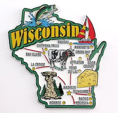 Wisconsin State Map And Landmarks Collage Fridge Collectible Souvenir Magnet • $8.45