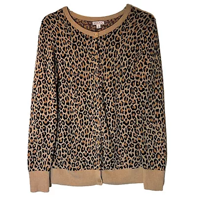 Merona Animal Print Cardigan Sweater Brown Button Cotton Women M • $14.44