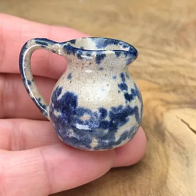 Vintage Miniature Stoneware Salt Glaze Pottery Blue & Beige Speckled Jug Pitcher • $40