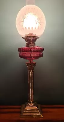 Original Victorian Electric Oil Lamp Cut Glass Shade Cranberry Font Brass Base • £595