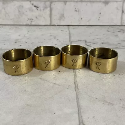 Monogram Napkin Rings Brass  R  Set Of 4 Vintage Monogrammed Etched Hostess Gift • $17.09