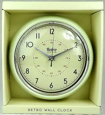 Retro Cream Wall Clock Round Metal Analogue 24cm Battery Op Diner Kitchen • £14.99