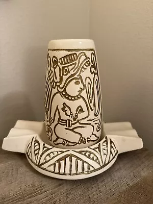 Aztec Mayan Vase And Dish Made In USA Pottery 6.5” Tall Cream Gold • $26