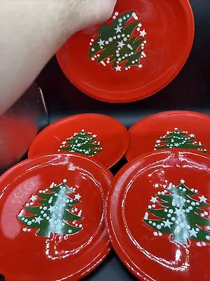 Waechtersbach Germany Red Christmas Tree 10” Dinner Plates Set Of 5 Vintage • $175