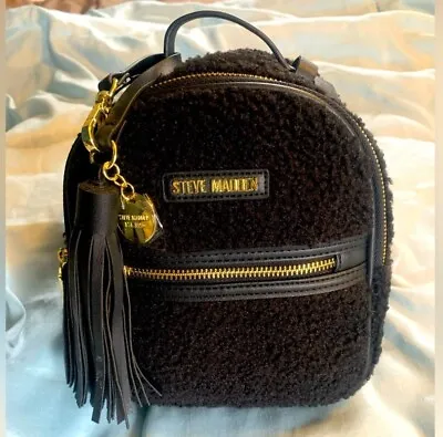 Steve Madden Mini Backpack Black Gold Trim Bag NWT Faux Fur Tassel Keychain • $42.12