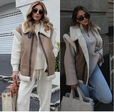 Zara Brown Double-faced Faux Shearling Fur Gilet Waistcoat Aviator Jacket Coat • $125.81