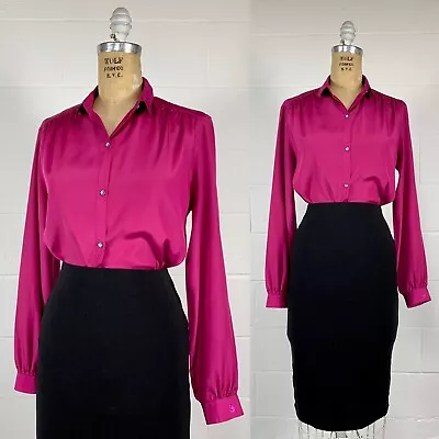 Vintage 80s Gloria Vanderbilt Shiny Fuscia Mistress Secretary Blouse Swan Logo 6 • $39.99