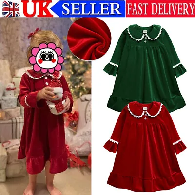 Kids Girls Christmas Pyjamas Xmas Velvet Nightgown Dress Sleepwear Pjs Nightwear • £7.49