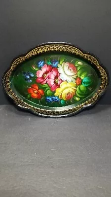 ❤️ Vintage Painted Metal Tray Black Red Floral Oval Scallop Edges Signed • $23