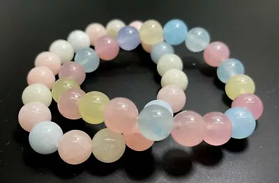 Morganite Rainbow Agate Round Gemstone Beaded Stretch Elastic Bracelet - PGB132B • $7.85