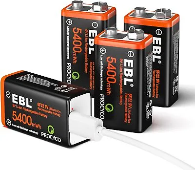 4x EBL USB Rechargeable 9V Batteries - 5400mWh Long Lasting Batteries With Micr • £38.76