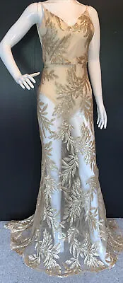 £50 • Buy Gold Leaf Sheer Sequin Ball Gown Floor Length Long Dress Backless Ladies 8 S