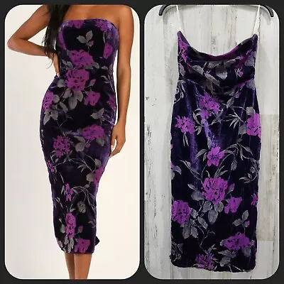 LULUS Size LARGE Buy You Flowers Purple Floral Print Velvet Strapless Midi Dress • $40