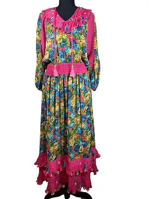 Vintage 80’s Diane Fries Sz M?Georgette Ruffle Tiered Maxi Midi Dress Hobo Flowy • $149.60