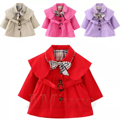 Toddle Baby Girls Kid Trench Coat Grid Bowknot Outerwear Long Sleeve Wind Jacket • £6.99