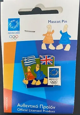 Olympic Official Pin Badge - Athens 2004 Depicting Mascots & Greek And GB Flags • £7.50