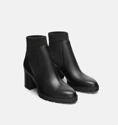 Zara Heeled Lug Ankle Boots Size 40 9 Black Chunky  Sock Bootie NWT • $62.99