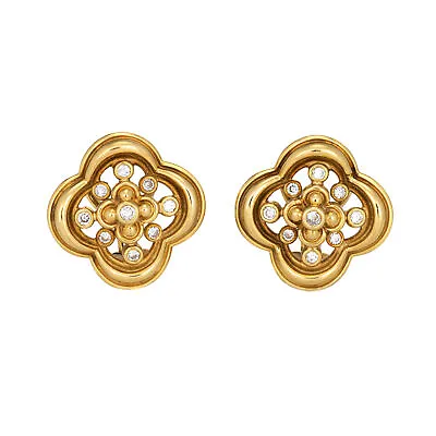 $2375 • Buy Jose Hess Diamond Earrings Vintage 18k Yellow Gold Quatrefoil Design Jewelry