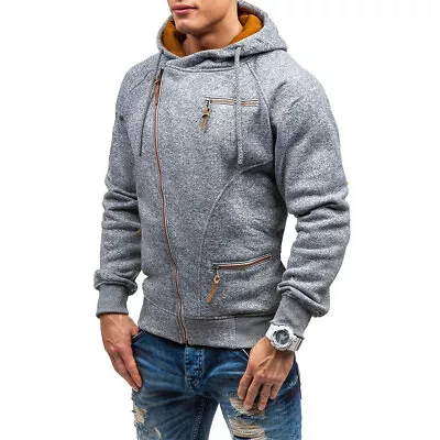 Mens Woolen Fleece Oblique Zipper Hoodie Coat Jacket Winter Casual Pullover Tops • $22.49