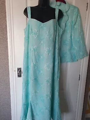 Libra Stunning Light Turquoise Linen Floral Maxi Evening Dress & Jacket Size 14 • £28