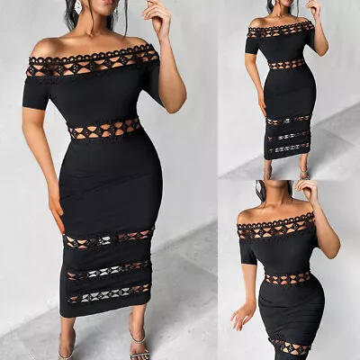 Sexy Women Lace Off Shoulder Sleeve Bodycon Hollow Out Midi Dress Party Cocktail • £13.19